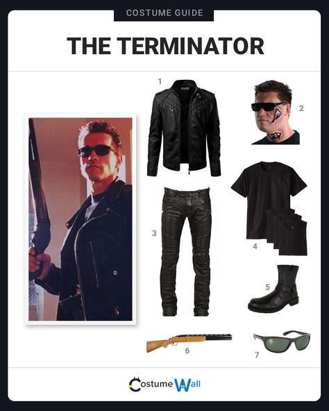 The best costume guide for dressing up like The Terminator, the cyborg assassin played by Arnold Schwarzenegger in the hit 1984 sci-fi film. Famous Movie Characters Costumes, Terminator Costume, Casual Halloween Outfits, Movie Character Halloween, Dc Costumes, Horror Halloween Costumes, Costume Guide, Easy Cosplay, Best Costume