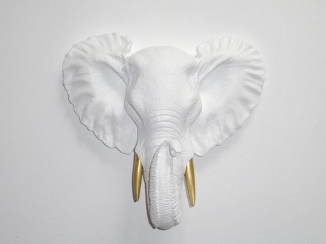 Wall Mount Decor, Fake Taxidermy, White Faux Taxidermy, Patio Wall Decor, Small Elephant, Faux Taxidermy, Elephant Decor, Elephant Head, Ceramic Animals