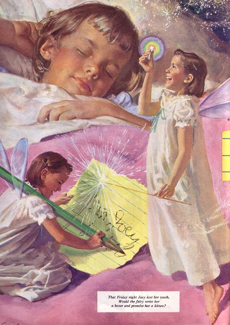 Tooth Fairies...Harry Anderson...Woman's Home Companion, July 1955. Tooth Fairy Aesthetic, Tooth Fairy Illustration, Tooth Fairy Drawing, Tooth Fairy Art, Childhood Artwork, Tooth Fairy Pictures, Tooth Illustration, Harry Anderson, Dental Photos