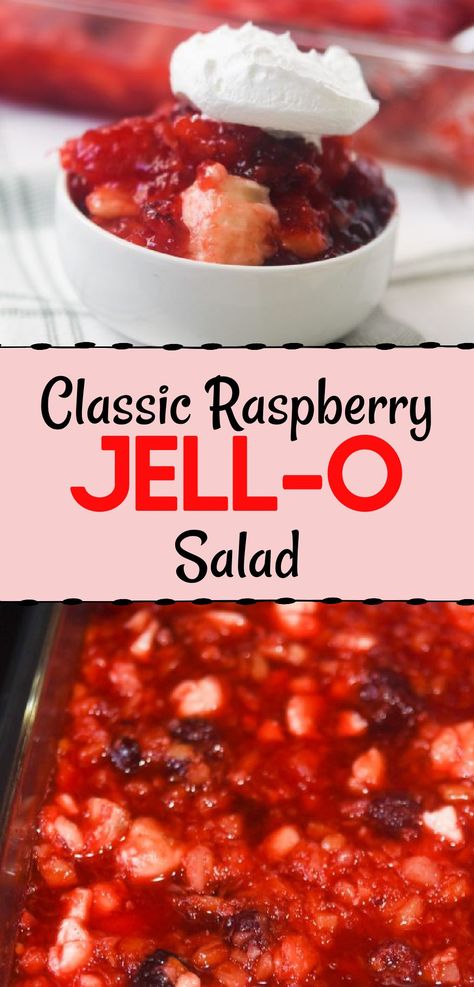 Raspberry Jello Salad is an amazing dessert or side dish that is so fruity and delicious. The combination of the frozen raspberries, crushed pineapples and mashed bananas create the best jello salad you'll ever have. via @simplysidedishes89 Jello With Fresh Fruit, Raspberry Pineapple Jello Salad, Berry Jello Salad, Raspberry Applesauce Jello Salad, Red Jello Salad Recipes, Raspberry Jello Salad Recipes, Christmas Jello Salad Recipes, Jello Recipes With Fruit, Easter Jello Salad