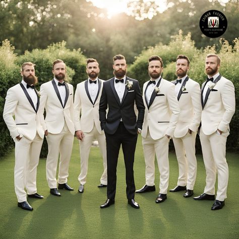 Suit For Men Stylish, Trending Suits, 3 Piece Suit For Men, Black Groomsmen Suits, White Wedding Suit, Wedding Groomsmen Attire, White Tux, Groom Tux, Mens Wedding Attire