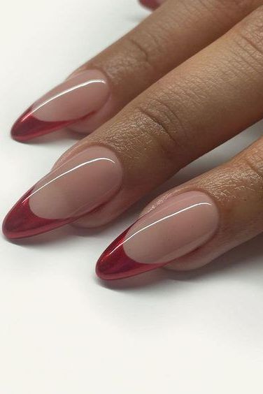 Chrome Red Tips Nails, Red French Tip Nails Crome, Chrome Red Nails French Tip, Red Tip Acrylics, Dark Red Chrome French Tip Nails, Red Chrome Tips Nails, French Tip Red Chrome, Chrome Red Almond Nails, Red Chrome French Tip Nails Almond