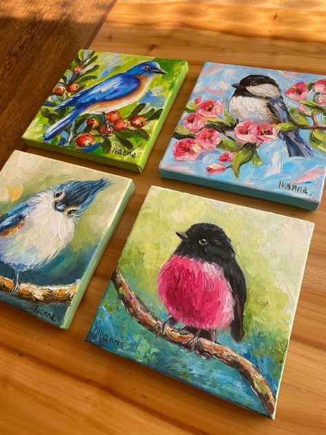 Acrylic Painting On Small Canvas, Small Oil Painting Ideas, Acrylic Bird Paintings On Canvas, Acrylic Bird Painting, Mini Canvas Painting Ideas, Bird Painting Diy, Bird Painting Acrylic, Bird Paintings On Canvas, Canvas Art Painting Abstract