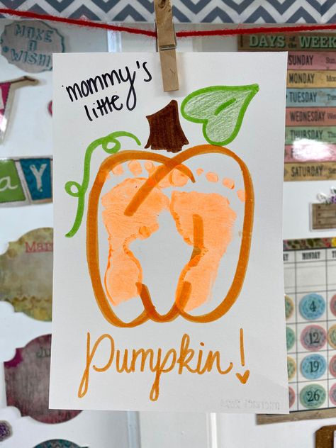 Pumpkin Craft Infants, Footprint Art Ideas, September Arts And Crafts For Infants, Orange Infant Crafts, Pumpkin Footprint Art For Infants, Family Art For Infants, Fall Art Activities For Infants, Footprint Crafts Halloween, Pumpkin Feet Prints