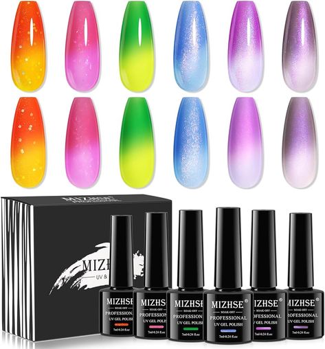 Color Changing Gel Nail Polish, 6 Colors Pearl Aurora Thremal Mood Changing Gel Polish Temperature Changing Soak Off Nail Polish for Nail Art Salon Home DIY - spring nails Mood Changing Nail Polish, Nail Art Salon, Gel Nail Polish Set, Diy Spring, Soak Off Gel, Spring Diy, Pearl Color, Gel Nail Polish, Gel Nail