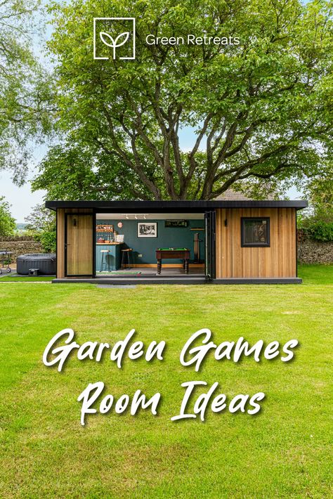 Outdoor Gameroom Ideas, Outdoor Gaming Room, Rustic Garden Room Ideas, Garden Games Room And Bar, Outdoor Games Room Ideas, Outdoor Game Room Backyards, Garden Design With Outbuilding, Large Garden Room Ideas, Garden Room With Shed