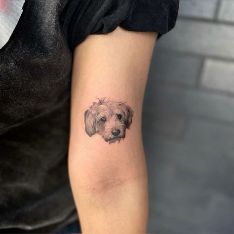 Black And Grey Pet Portrait Tattoo, Nutmeg Tattoo, Simple Dog Portrait Tattoo, Realistic Dog Tattoo, Pet Portrait Tattoo, Pet Portrait Tattoos, Dog Portrait Tattoo, Mini Portrait, Black And Grey Tattoo