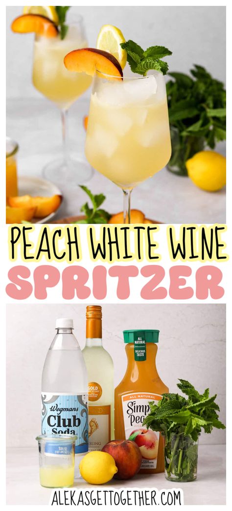 This peach white wine spritzer is the epitome of summer! The combination of soda water, lemon juice, peach juice and crisp white wine is so delicious and refreshing. I suggest making a big batch and adding the bubbly LAST to make sure it does not go flat before serving. (See more tips below!) Moscato Drinks Recipes, Peach Spritzer Cocktails, White Wine Cocktail Recipes, Summer Spritzer Cocktails, White Wine Punch, Spritzer Cocktails, Spritzer Drink, Wine Spritzer Recipe, Spritz Cocktails