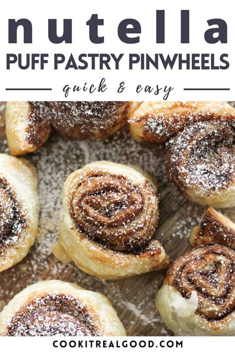 These chocolate pinwheels are an easy treat that the whole family will love. Made with frozen puff pastry and nutella, you'll love how quickly they come together in either the oven or the air fryer. Puff Pastry With Nutella Recipe, Nutella Pinwheels Puff Pastries, Puff Pastry Pinwheels Sweets, Puff Pastry Recipes Air Fryer, Puff Pastry Dessert Nutella, Airfryer Puff Pastry Recipes, Quick Puff Pastry Dessert, Puff Pastry And Nutella, Air Fryer Puff Pastry Recipes