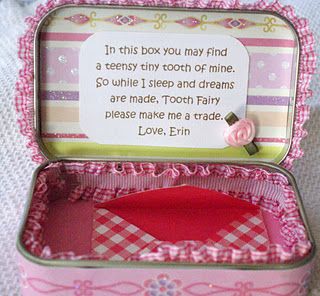 Tooth Fairy box - altoid tin- This is such a cute idea! Tooth Fairy Ideas, Tin Ideas, Fairy Ideas, Fairy Box, Tooth Fairy Box, Kids Teeth, Altoid Tin, Group Crafts, Altered Tins