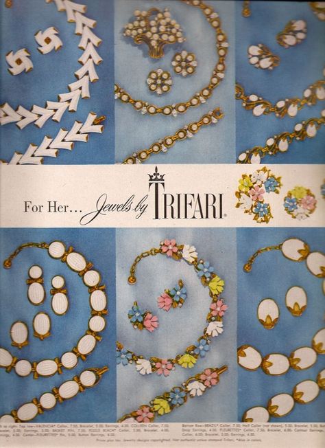 Trifari Vintage Jewelry Ad, For Her... Jewels by Trifari, Brazil Line, 1956 L Priori Jewelry, 50s Jewelry, Jewellery Advertising, Jewelry Ad, Patti Hansen, Trifari Brooch, Beads Accessories, Vintage Jewlery, Lauren Hutton