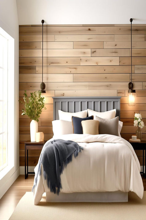 A cozy bedroom setting with a wooden plank accent wall, creating a calming and natural ambiance. Bedroom Decor Wood Wall, Bedroom Master Feature Walls, Bedroom Wood Accent Wall Ideas, Wooden Wall Behind Bed, Natural Wood Accent Wall Bedroom, Statement Bedroom Wall, Wood Plank Wall Bedroom, Wooden Feature Wall Bedroom, Wood Wall Bedroom Ideas