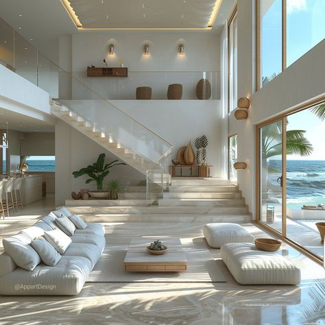 Interior Patio Design, Beach Villa Living Room, All White Modern House, House Gallery Design, Florida House Interior, Big House Living Room, Big House Interior, High Ceiling Home, Sala Aesthetic