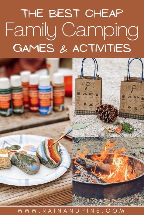 The best cheap family camping games and activities, including rock painting, going on a nature scavenger hunt, fire pit ideas, water activity ideas like kayaking, and more easy and simple family-friendly camp ideas! - Rain and Pine Camping Birthday Party Games, Cabin Activities, Family Reunion Decorations, Games Camping, Nature Scavenger Hunt, Indoor Camping, Fire Pit Ideas, Water Activity, Camping Birthday Party