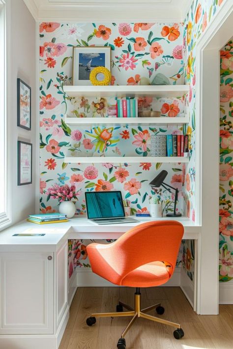 50+ Office Built-In Ideas To Maximize Your Workspace Efficiency Funky Home Office Design, Bright Office Ideas, Colourful Office Interior, Colorful Home Office Ideas, 2 Desk Home Office, Small Office Nook, Colorful Office Space, Colorful Home Office, Office Sunroom