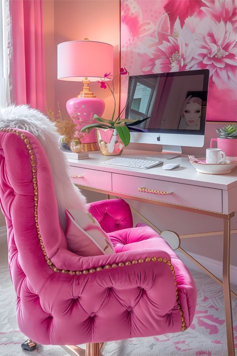 Pink Office Furniture, Bright Office Decor, Pink Office Aesthetic, Hot Pink Office, Pink Office Ideas, Office Feminine, Pink Home Office, Pink Office Decor, Pink Chairs