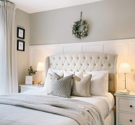 Bedroom painted in farrow and ball corn forth white, with pure white panelling. the bed has an upholstered headboard, and neutral curtains at the windows. Bedroom Parents, Roses Bedroom, Bedroom Panelling, Glamour Bedroom, Pink Bedroom Walls, Neutral Bedroom Decor, Grey Bedroom Decor, Bedroom Wall Colors, Bedroom Panel