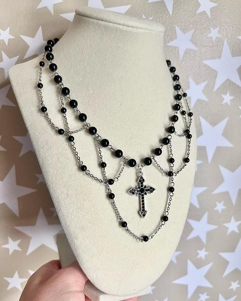 ‘Grim Reaper’ Necklace made with black onyx beads, stainless steel findings, and stainless steel chain 20in + 2in extension chain available now, link in bio #explorepage #gothic #cross #necklace Diy Cross Necklace, Gothic Cross Necklace, Gothic Necklaces, Gothic Jewelry Diy, Gothic Jewellery, Goth Necklace, Grunge Jewelry, Gothic Cross, Diy Cross