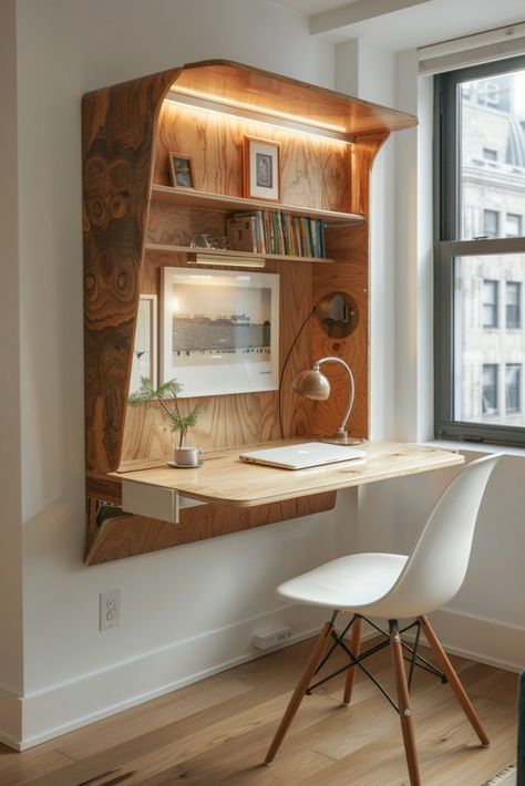 Tiny House Desk, Desk Themes, Home Desk Ideas, Murphy Desk, Desk Nook, Tiny Office, Living Space Decor, Desks For Small Spaces, Small Home Offices