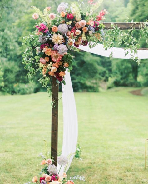 Wildflower Trellis Wedding, Rustic Wedding Arbor Outdoor Ceremony, Chiffon Arch Wedding, Wedding Arch With Wildflowers, Simple Floral Chuppah, March Wildflower, Matrimonio Pampas, Wildflower Wedding Arch, Wedding Arch With Greenery