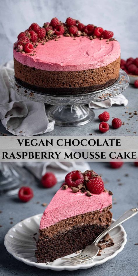 Vegan chocolate raspberry mousse cake - layers of dark chocolate mousse and vegan white chocolate raspberry mousse sit on top of a layer of rich, moist chocolate cake. This indulgent dessert is the perfect celebratory showstopper and is sure to be a real crowd pleaser. Vegan Chocolate Raspberry, Chocolate Raspberry Mousse, Chocolate Raspberry Mousse Cake, Raspberry Mousse Cake, Dark Chocolate Mousse, Vegan White Chocolate, Vegan Baking Recipes, Raspberry Mousse, Vegan Cake Recipes