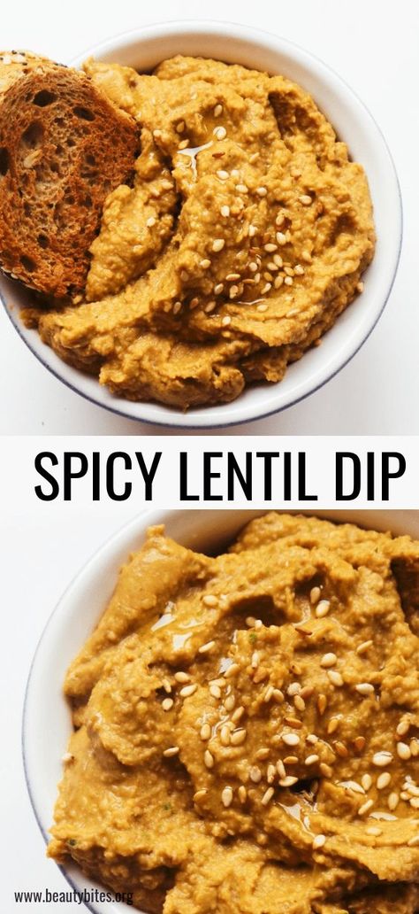 Spicy lentil dip - healthy and easy snack recipe you can make with leftover lentils, or if you don't have lentils - use beans! Works also! This lentil recipe is vegan and gluten-free. Lentil Bean Dip, Gourmet Dips Recipes, Leftover Lentil Recipes, Canned Lentil Recipes Easy, Lentil Appetizer, Lentil Snacks, Leftover Lentils, Lentil Dip Recipe, Lunchbox Fillers