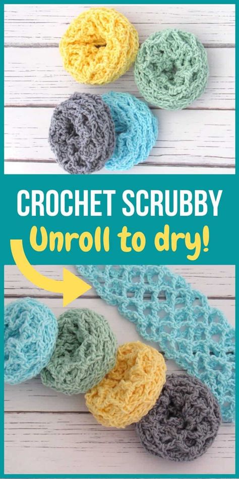 Make these crochet scrubbies in place of your dishcloths and you will never look back. You will love this free pattern for your kitchen. They don't just look cute but are very functional too. Once you wash your dishes, you can unroll them to wash and dry. How cool is that? Don't forget to make a few for gifts too. #crochetscrubbies, #crochetscrubbiesfreepattern, #crochetdishcloth, #crochetforkitchen, #crochet#howtocrochetscrubbie Capricorn Crochet, Grammy Gifts, Scrubby Yarn Crochet, Crochet Scrubby, Scrubbies Crochet Pattern, Scrubby Yarn, Crochet Scrubbies, Confection Au Crochet, Dishcloth Crochet Pattern