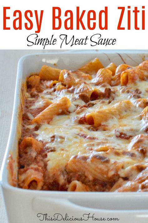 Easy Ziti Recipes Ground Beef, Baked Ziti With Spaghetti Sauce, Oven Baked Ziti Easy Recipes, Easy Ziti Bake, Baked Ziti With Pepperoni, Oven Baked Ziti With Ground Beef, Ziti Sauce Recipes, Bakes Ziti Easy, Bake Ziti With Ground Beef