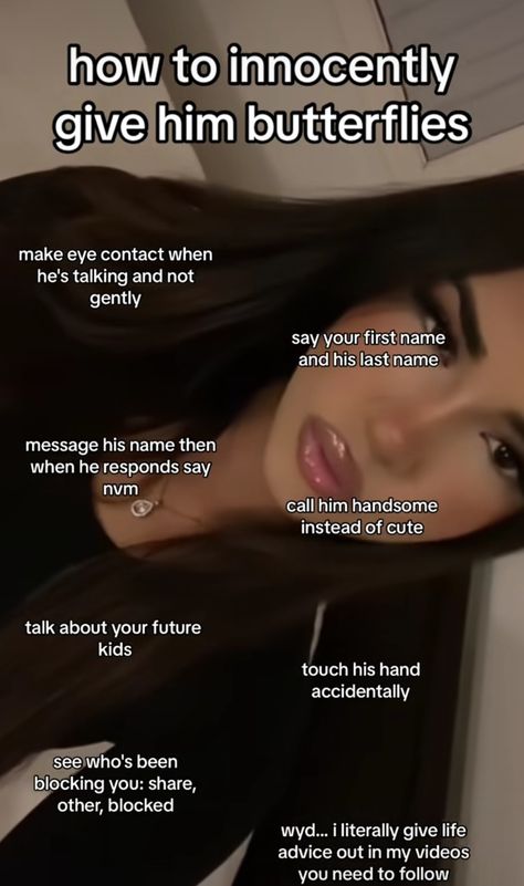 TAGS ; boy tips, crush advice, crush, how to give a boy butterflies, how to give him butterflies, boy help, boy advice, girl tips Give Him Butterflies, Guy Advice, Boy Facts, Boyfriend Advice, Crush Facts, Teen Advice, Social Life Hacks, Crush Advice, Gf Bf