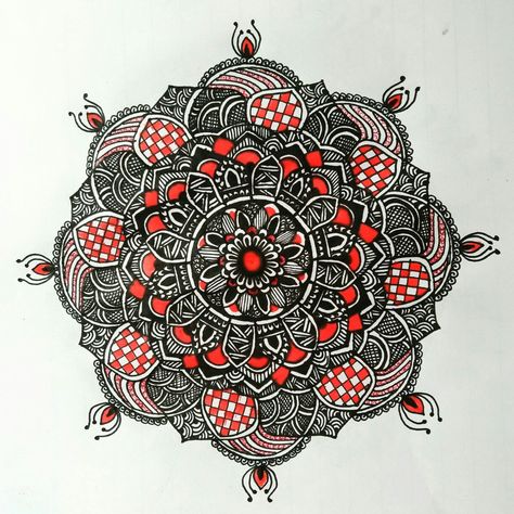 Beautiful red color mandala art - red color in mandala art is the symbol of passion and love. #doodleart #mandalaart #colormandala Govinda Mandala Art, Colour Full Mandala Art, Red And Black Mandala, Most Difficult Mandala Art, Red Mandala Art, Zentangle Drawings, Mandala Pattern, Doodle Patterns, Creative Sketches