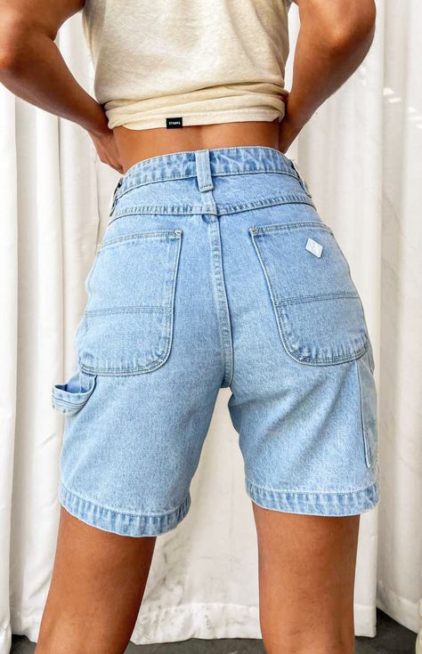 Carpenter Jean Shorts Outfit, Modest Fashion Christian, Jean Short Outfits, Mid Thigh Shorts, Carpenter Shorts, Festival Shorts, Summer Attire, Beginning Boutique, Shorts Denim