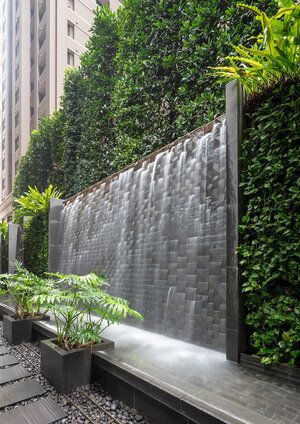 Vertical Slice Garden — Landworks Studio, Inc. Outdoor Wall Fountains, Water Wall Fountain, Water Fountain Design, Water Feature Wall, Garden Waterfall, Vertical Garden Wall, Waterfall Wall, Fountain Design, Waterfalls Backyard