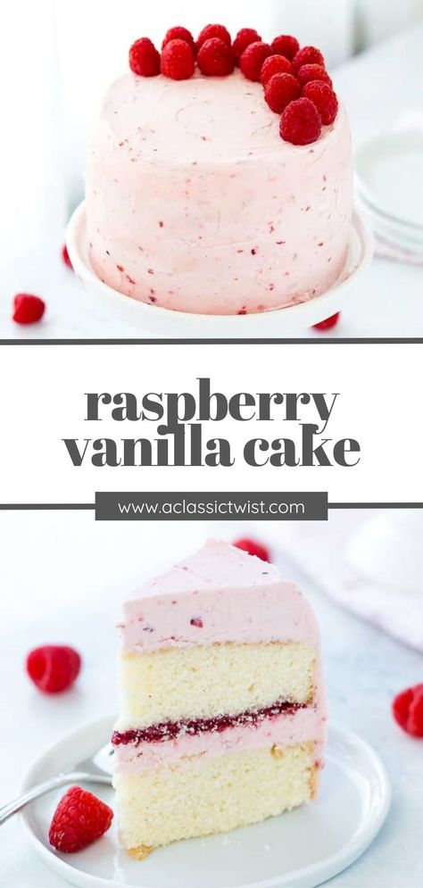 Vanilla Bean Cake With Strawberry Filling, Vanilla Cake With Berry Filling, Mini Raspberry Cake, Raspberry Chantilly Cake, White Cake With Pink Frosting, Lemon Raspberry Layer Cake, Vanilla Raspberry Cake Recipe, Cake Filling Recipes For Vanilla Cake, Vanilla Cake With Filling