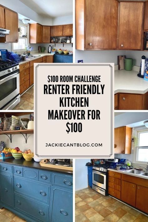 Cabinet Rental Makeover, Rental Apt Makeover, Rental Kitchen Design, Rental Kitchen Countertop, Rental Kitchen Inspiration, Outdated Kitchen Makeover Rental, Diy Retro Kitchen Decor, Rental Friendly Cabinet Makeover, Cabinet Makeover For Renters