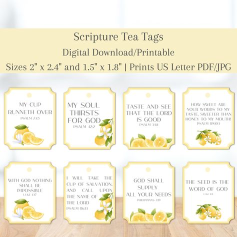 "Welcome! This listing is for these beautiful, lemon scripture tea tags that you can easily download and print from the comfort of your own home. These tags feature beautiful words about Christ and come in a variety of colors to add a cheerful touch to your teatime. Perfect for a special occasion or for everyday use, these tea tags make a wonderful addition to any kitchen. They also make great gifts for friends and family who appreciate the beauty of the Word of God. Thank you for considering this product! **No physical item will be shipped** This item is available for you to instantly download after purchasing.  What you receive: * 2 high quality PDF files, with a spot to hole punch and without. *2 Zipped (300 dpi) JPG files -If you are unable to unzip the files message me and I can send Scripture Tea Tags, Tea Bag Tags, Scripture Tea, Tea Tag, Retreat Gifts, Women's Retreat, Scripture Gift, Church Gifts, Womens Retreat