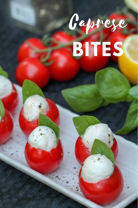 Caprese Bites are the perfect mashup of a caprese salad and stuffed tomato recipe. Perfect for a light gluten-free lunch, snack, or party appetizer any time of year. Stuffed Tomato Appetizers, Stuffed Tomatoes Appetizer, Stuffed Tomato, Caprese Bites, Simple Appetizer, Tomato Recipe, Gluten Free Puff Pastry, Stuffed Tomatoes, Party Platter