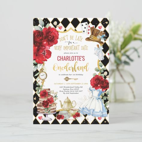 Alice in Onederland Red Roses 1st Birthday Tea Invitation | #aliceinwonderland #madhatter #watercolorgardenflowers #watercolorroses #girls1stfirstbirthday #onederlandteaparty #highteacaketeapotteacup #storybookfairytalemagical #redfloral #redblackgoldglitter Tea Party Baby Shower Invitations, Alice In Onederland, Alice In Wonderland Invitations, Tea Bridal Shower Invitations, Alice In Wonderland Birthday, 1st Birthday Party Invitations, Tea Party Invitations, 2nd Birthday Invitations, Wedding Tea