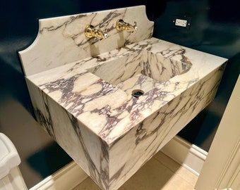 Calacatta Gold Marble Sink Marble Washbasin Custom Order - Etsy Floating Marble Vanity, Calacatta Viola Marble, Viola Marble, Powder Room Sink, Floating Sink, Calacatta Viola, Powder Room Vanity, Marble Sink, Calacatta Gold Marble