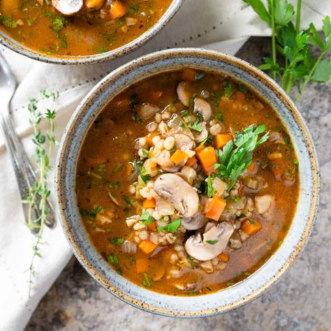 Mushroom Barley Soup My Pocket Kitchen, Mushroom Barley, Mushroom Barley Soup, Pocket Kitchen, Dried Porcini Mushrooms, Vegan Mushroom, Peanut Dressing, Barley Soup, Dried Mushrooms