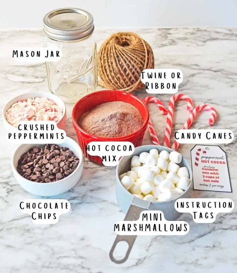 Hot Chocolate In A Mason Jar Gift, Hot Coco In A Jar Recipe, Hot Cocoa Jar Gift Recipe, Hot Cocoa Kits Ideas, Hot Coco Diy Gift, Peppermint Hot Cocoa Mix Recipe, Hot Coco Mason Jars, Peppermint Hot Chocolate Mix Recipe Dry, Cocoa Jars For Christmas