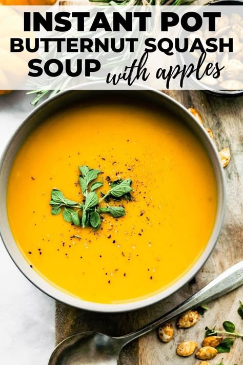 A creamy butternut squash soup with apples is the fall soup recipe you've been looking for! Quickly made in the Instant Pot, this squash soup is a nutritious soup. Instant Pot Beef Soup, Chicken Soup Recipes Instant Pot, Instant Pot Chicken Soup Recipes, Dump And Go Soup, Butternut Squash Soup Instant Pot, Squash Soup Instant Pot, Butternut Squash Soup With Apples, Squash Soup With Apple, Soup With Apples