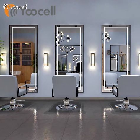 Salon Mirror Ideas Hair Stations, Salon Mirror Ideas, Grey Salon, Chair Hair Salon, Parlour Design, Salon Mirror, Hair Salon Interior Design, Hair Salon Furniture, Salon Styling Stations