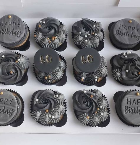 Cupcake Cakes For Men Birthday, Black Cupcakes Aesthetic, Black Gold And Silver Cake Ideas, Cupcake For Men Birthday, Mens Cupcakes Birthday, Black And Silver Cupcakes Ideas, Black And Gold Cupcakes For Men, Cupcakes Decoration For Men, Black Cupcakes Ideas