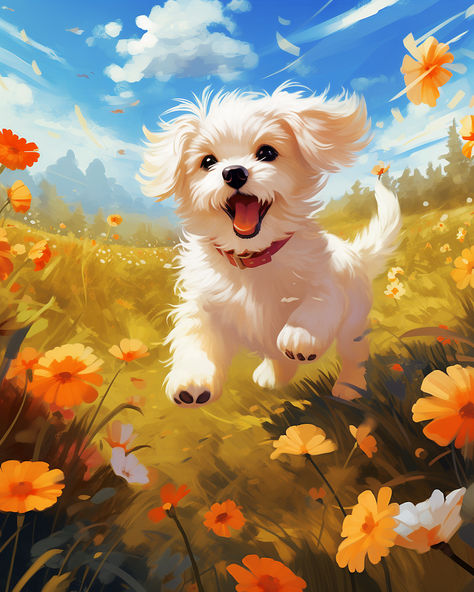 Puppy Running Drawing, Dog In Flower Field Painting, Cute Dog Painting, Cute Animal Paintings, Cute Puppy Art, Dog In Flowers, Field With Flowers, Puppy Running, Cute Dog Illustration