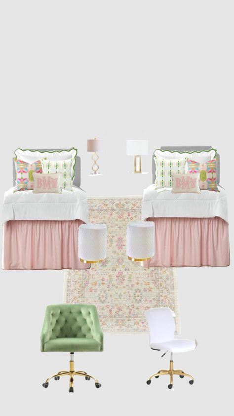 Pink And Green Dorm Decor, Pink And Green Dorm Room Ideas, Laura Park Dorm Room, Green And Pink Dorm, Green And Pink Dorm Room, Pink And Green Dorm Room, Southern Dorm Room, Palm Beach Atlantic University Dorm, Blue Roller Rabbit Room