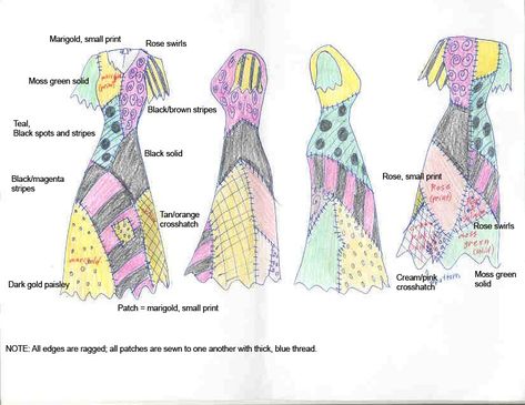 Another reference sheet, this one for Sally's dress. I looked at HUNDREDS of official images and art and you know what? No two were alike. EVERY SINGLE ONE had a different interpretation of her dre... Patchwork, Fimo, Sally Nightmare Before Christmas Dress Pattern, Sally Costume Diy, Sally Nightmare Before Christmas Dress, Sallys Dress, Sally Dress Pattern, Sally Sewing, Sally Nightmare Before Christmas Costume