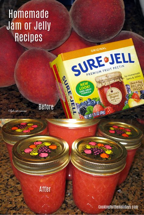 Homemade Jam or Jelly Recipe Using Sure Jell Fruit Pectin - Cooking for the Holidays Strawberry Jam With Pectin, Raspberry Jelly Recipe, Sure Jell Recipe, Strawberry Jelly Recipes, Blueberry Rhubarb Jam, Grape Jam Recipe, Plum Jam Recipe, Peach Freezer Jam, Chopped Fruit