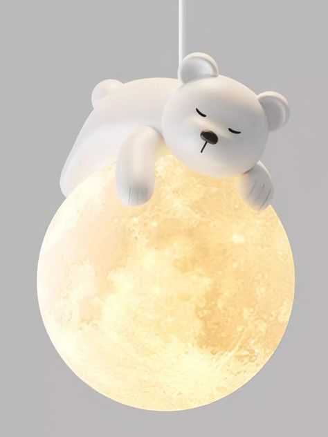 This Animal Sleeping Pendant Lamp will create a warm and cozy atmosphere for any child's bedroom. Its 3D-printed bear and moon design is crafted from durable resin and iron, making it an attractive and long-lasting light fixture. Illuminate any room with this one-of-a-kind piece. 
 If you have any questions about our products, please contact us and we will reply to you within 24 hours. 
 Product Size 
 Little Bear Size: Dia 15cm x H 150cm /  5.9 x H 59 
 
 Details 
 Material: Metal,  Resin 
 Light source: LED bulb or Edison bulb. 
 Light source base type: G9 (as shown below). 
                              
 Voltage: AC 110-240V 
 Body Finishes: White 
 Shade Finish:  White 
 Mountin Ceiling 
 Moisture resistance: IP 20 Damp-rated for use in bathrooms, kitchens, and covered outdoor areas. Bedroom Light Fixtures Ceiling, Light Fixtures Bedroom Ceiling, Bedroom Light Fixtures, Nursery Room Inspiration, Light Cover, Kids Lighting, Nursery Inspiration, Cozy Atmosphere, Moon Design