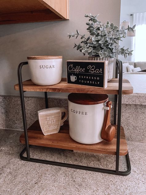 Coffee Nook Countertop, Minimalist Coffee Station Kitchen, Coffee Spot On Kitchen Counter, Coffee Tray Decor Ideas, Coffee And Tea Organization Countertop, At Home Coffee Station Counter Space, Kitchen Decor Coffee Station, Medicine Storage On Counter, Coffee Bar Decor Ideas Modern