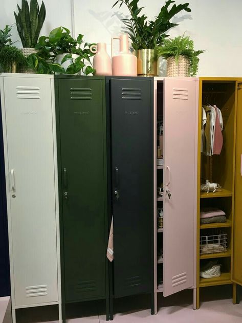 Lockers Ideas For Home, Vintage Lockers, Storage Lockers, Natural Bed, Metal Lockers, Color Inspo, Flipping Furniture, Slate Grey, Bedroom Storage